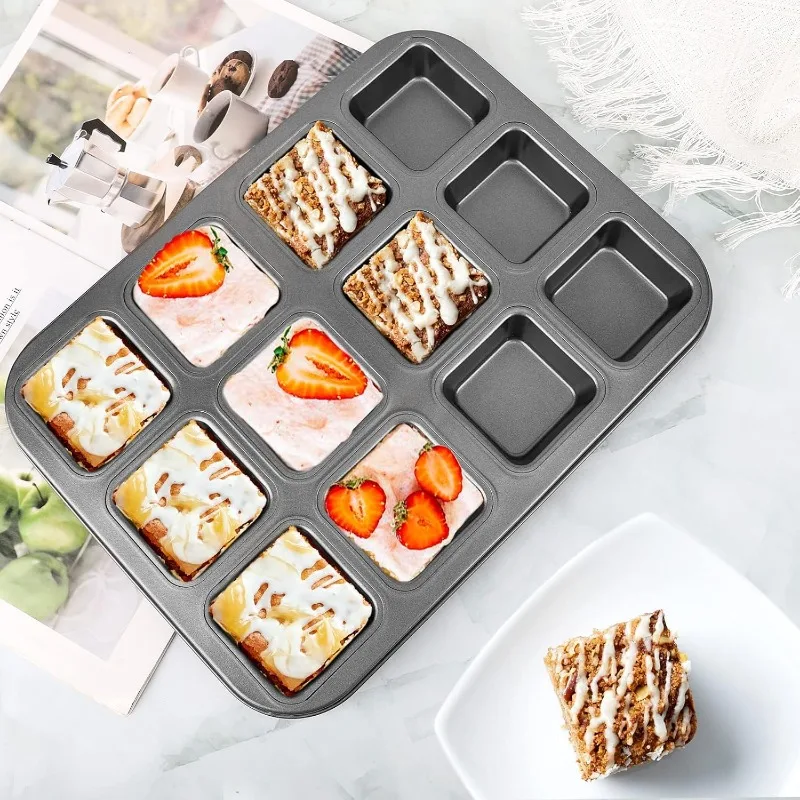Muffin Tin Nonstick - Bandeja cuadrada multiusos de 12 cavidades,